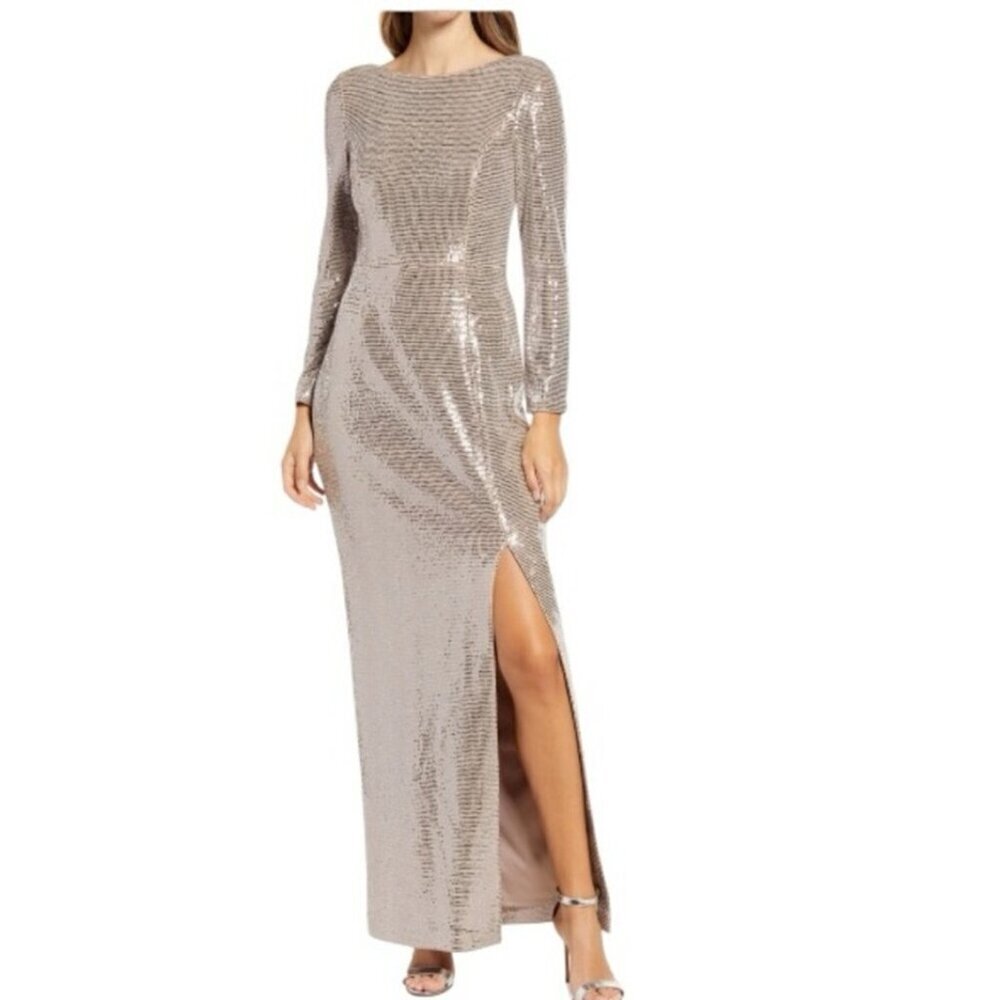 NWT Eliza J Dress Size 12 Champagne Long Sleeve All Over Sequin Gown Formal Slit